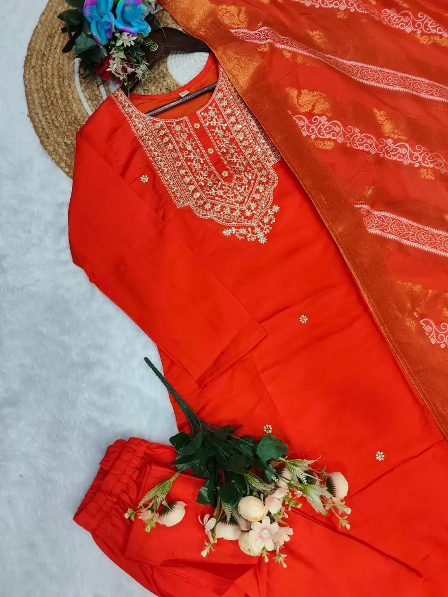 DESIGNER CHANDERI COTTONEMBROIDERY WORK TOP BOTTOM WITH DUPATTA FESTIVE WEAR WHOLESALE PRICE ETHNIC GARMENT (15)