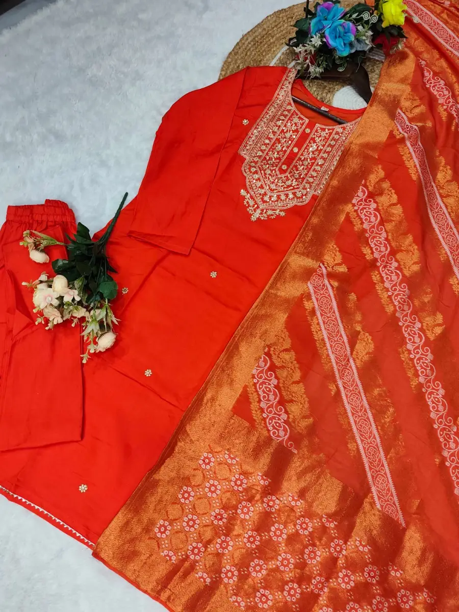 DESIGNER CHANDERI COTTONEMBROIDERY WORK TOP BOTTOM WITH DUPATTA FESTIVE WEAR WHOLESALE PRICE ETHNIC GARMENT (16)