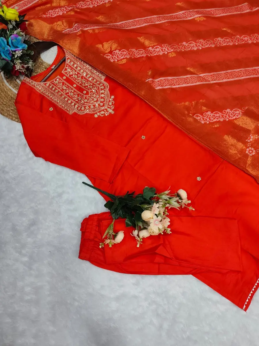 DESIGNER CHANDERI COTTONEMBROIDERY WORK TOP BOTTOM WITH DUPATTA FESTIVE WEAR WHOLESALE PRICE ETHNIC GARMENT (18)