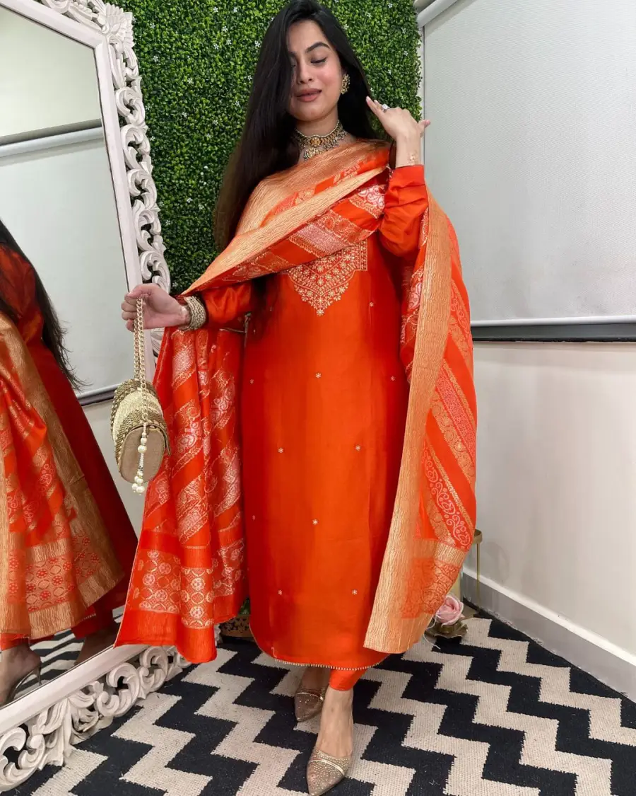 DESIGNER CHANDERI COTTONEMBROIDERY WORK TOP BOTTOM WITH DUPATTA FESTIVE WEAR WHOLESALE PRICE ETHNIC GARMENT (2)