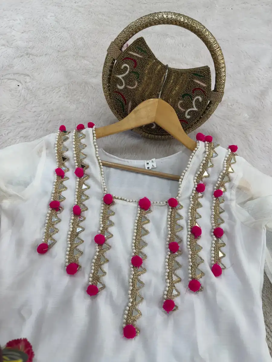 DESIGNER CHANDERI MIRROR AND LACE WITH PUM PUM WORK TOP PENT SET FESTIVE WEAR WHOLESALE PRICE ETHNIC GARMENT (1)