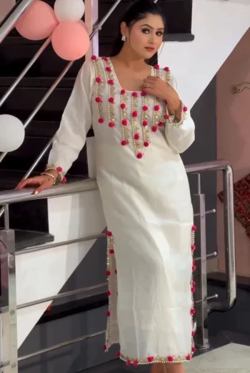 DESIGNER CHANDERI MIRROR AND LACE WITH PUM PUM WORK TOP PENT SET WHITE