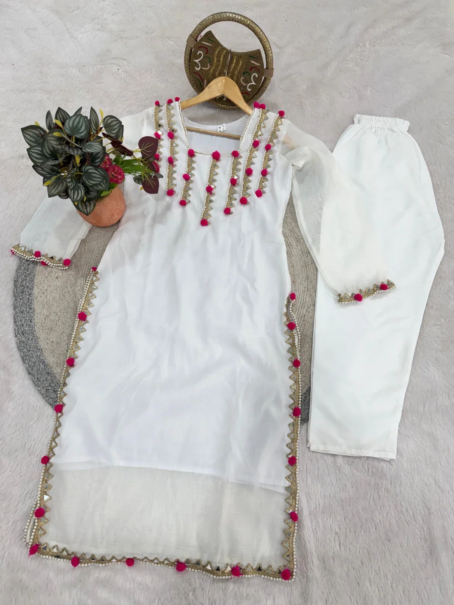 DESIGNER CHANDERI MIRROR AND LACE WITH PUM PUM WORK TOP PENT SET FESTIVE WEAR WHOLESALE PRICE ETHNIC GARMENT (9)