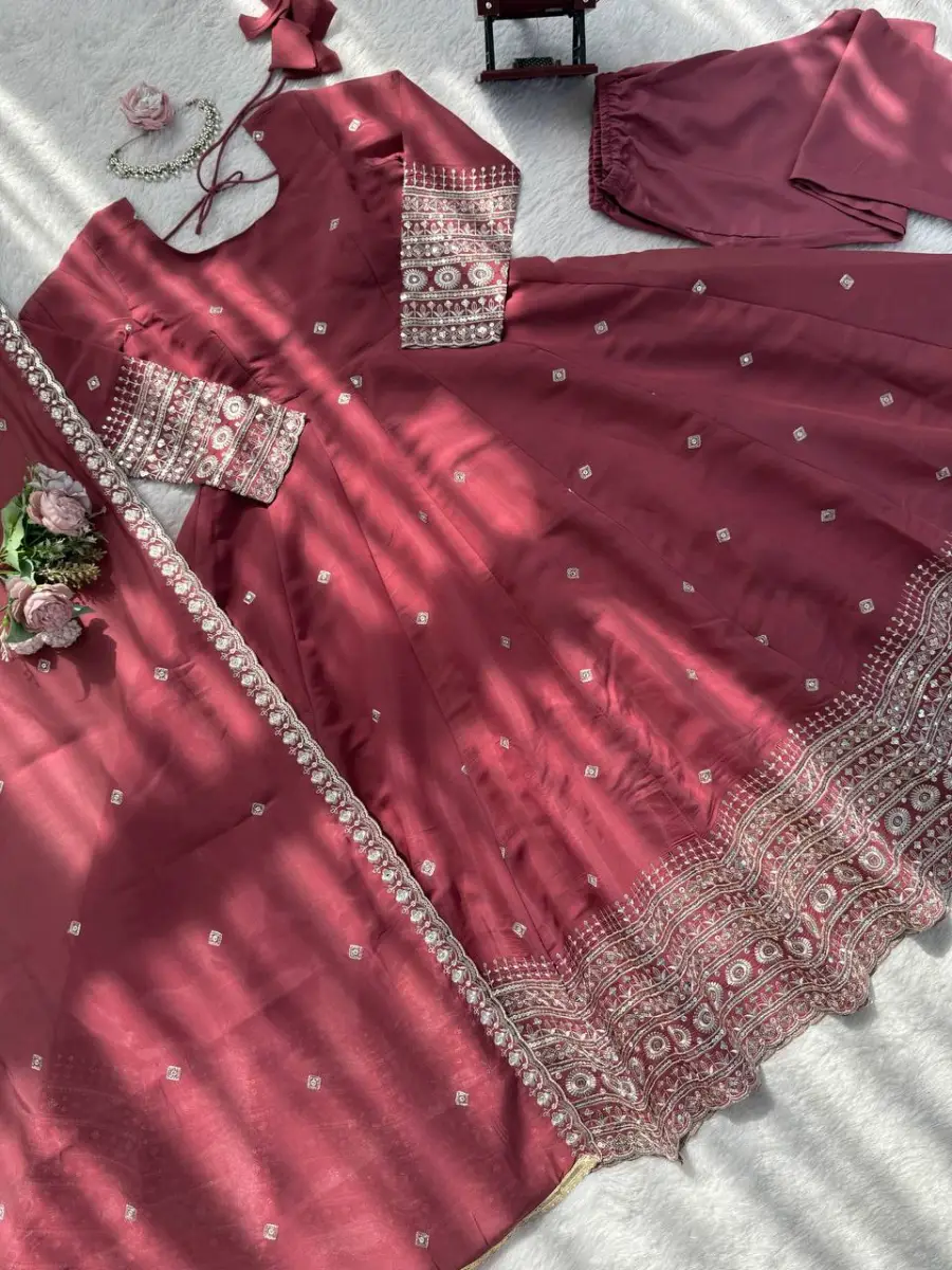 DESIGNER CHANDERI SILK THREAD WITH SEQUENCE WORK GOWN BOTTOM WITH DUPATTA FESTIVE WEAR WHOLESALE PRICE ETHNIC GARMENT (10)