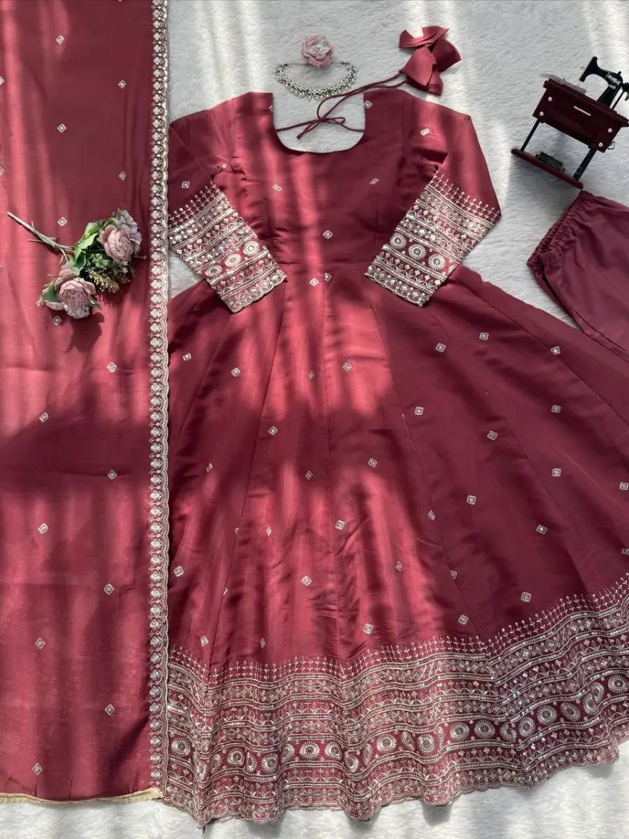 DESIGNER CHANDERI SILK THREAD WITH SEQUENCE WORK GOWN BOTTOM WITH DUPATTA FESTIVE WEAR WHOLESALE PRICE ETHNIC GARMENT (11)