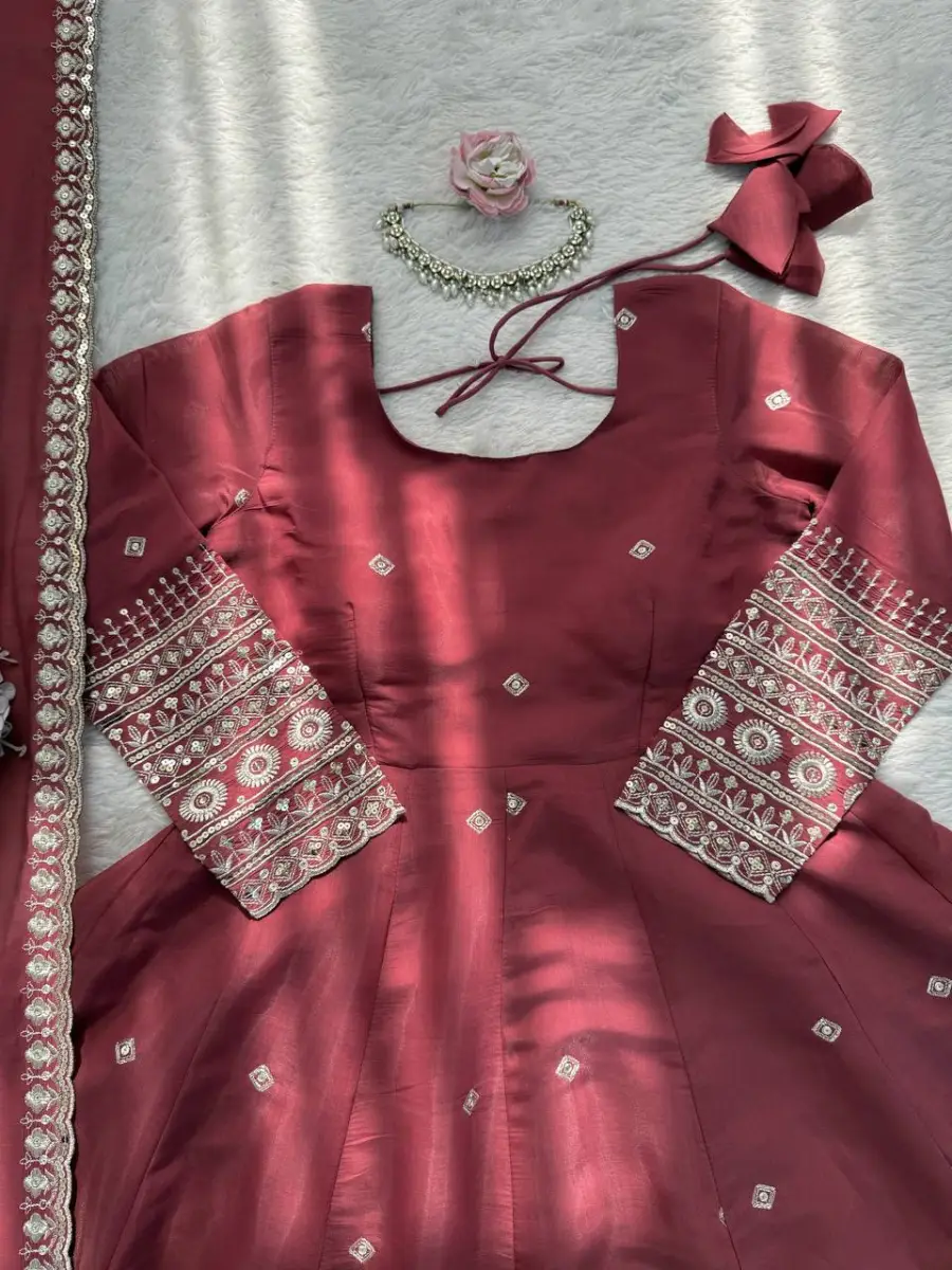 DESIGNER CHANDERI SILK THREAD WITH SEQUENCE WORK GOWN BOTTOM WITH DUPATTA FESTIVE WEAR WHOLESALE PRICE ETHNIC GARMENT (14)