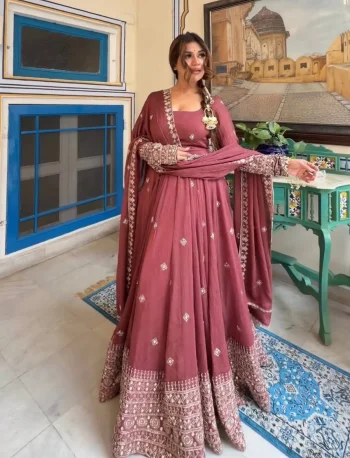 DESIGNER CHANDERI SILK THREAD WITH SEQUENCE WORK GOWN BOTTOM WITH DUPATTA PINK