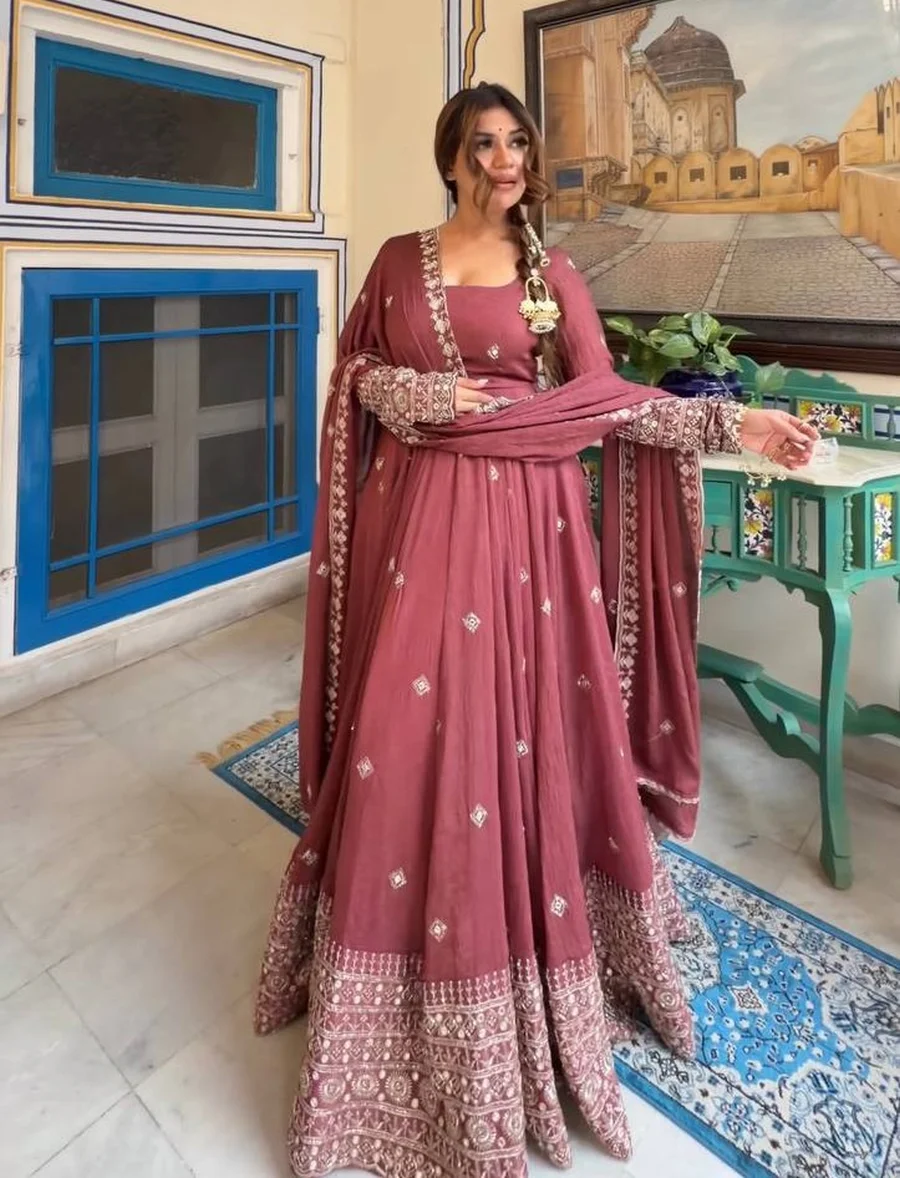 DESIGNER CHANDERI SILK THREAD WITH SEQUENCE WORK GOWN BOTTOM WITH DUPATTA FESTIVE WEAR WHOLESALE PRICE ETHNIC GARMENT (2)