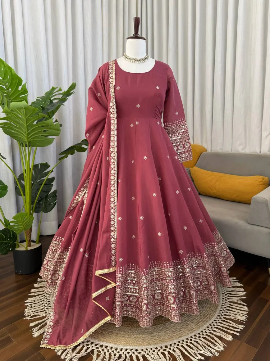 DESIGNER CHANDERI SILK THREAD WITH SEQUENCE WORK GOWN BOTTOM WITH DUPATTA FESTIVE WEAR WHOLESALE PRICE ETHNIC GARMENT (5)