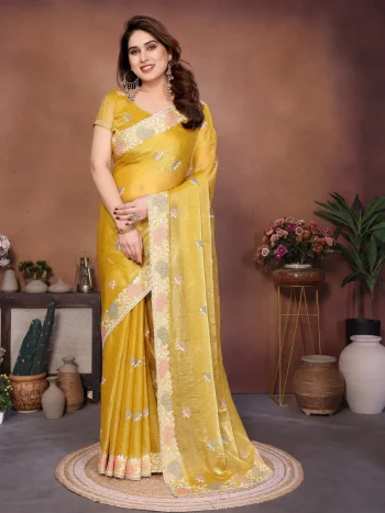 DESIGNER CHIFFON SILK EMBROIDERY CUTWORK WORK WITH SWAROVSKI WORK SAREE WITH UNSTITCHED BLOUSE YELLOW