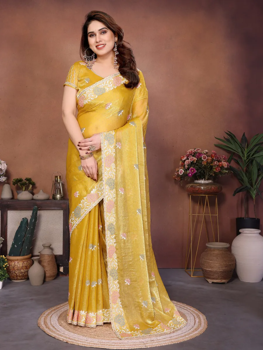 DESIGNER CHIFFON SILK EMBROIDERY CUTWORK WORK WITH SWAROVSKI WORK SAREE WITH UNSTITCHED BLOUSE WEDDING WEAR WHOLESALE PRICE ETHNIC GARMENT (1)