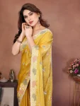 DESIGNER CHIFFON SILK EMBROIDERY CUTWORK WORK WITH SWAROVSKI WORK SAREE WITH UNSTITCHED BLOUSE WEDDING WEAR WHOLESALE PRICE ETHNIC GARMENT (1)