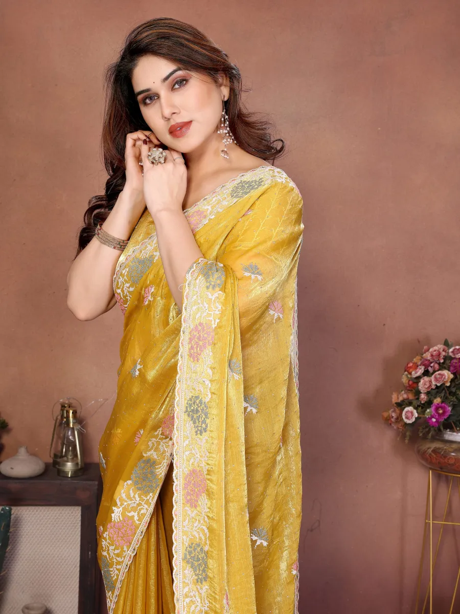 DESIGNER CHIFFON SILK EMBROIDERY CUTWORK WORK WITH SWAROVSKI WORK SAREE WITH UNSTITCHED BLOUSE WEDDING WEAR WHOLESALE PRICE ETHNIC GARMENT (12)