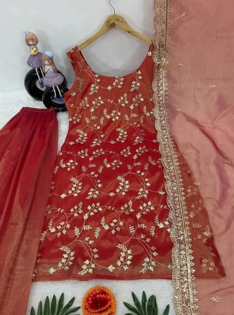 DESIGNER CHINON EMBROIDERY WORK TOP PALAZZO WITH DUPATTA FESTIVE WEAR WHOLESALE PRICE ETHNIC GARMENT (1)