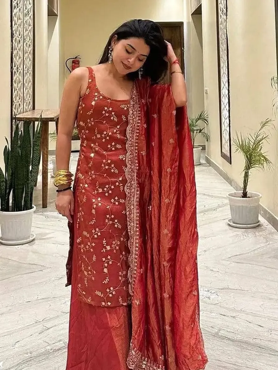 DESIGNER CHINON EMBROIDERY WORK TOP PALAZZO WITH DUPATTA FESTIVE WEAR WHOLESALE PRICE ETHNIC GARMENT (3)