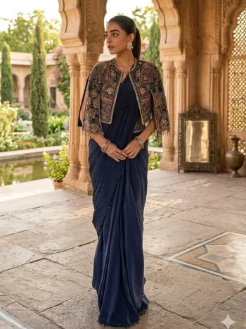 DESIGNER CHINON FANCY MOTI LACE BORDER WORK READY TO WEAR SAREE WITH STITCHED BLOUSE AND KOTI BLUE