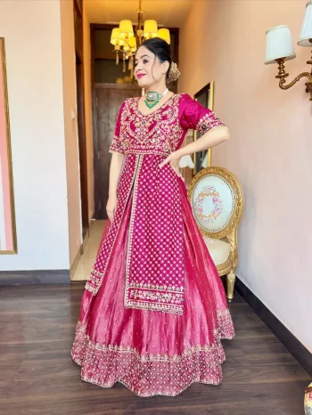 DESIGNER CHINON MULTI EMBROIDERY  SEQUENCE WORK TOP LEHENGA WITH DUPATTA PINK