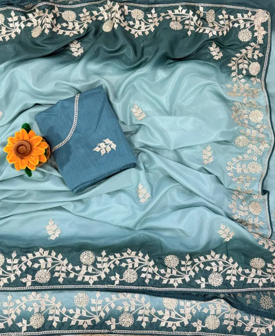 DESIGNER CHINON SILK CONTRAST PALLU ZARI THREAD AND SEQUENCE WORK SAREE WITH UNSTITCHED BLOUSE WEDDING WEAR WHOLESALE PRICE ETHNIC GARMENT (11)