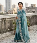 DESIGNER CHINON SILK CONTRAST PALLU ZARI THREAD AND SEQUENCE WORK SAREE WITH UNSTITCHED BLOUSE WEDDING WEAR WHOLESALE PRICE ETHNIC GARMENT (3)