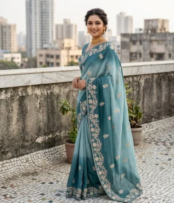 DESIGNER CHINON SILK CONTRAST PALLU ZARI THREAD  AND SEQUENCE WORK SAREE WITH UNSTITCHED BLOUSE SKY