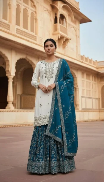 DESIGNER CHINON SILK EMBROIDERY AND SEQUENCE WITH STONE HAND WORK TOP SHARARA WITH DUPATTA TEAL