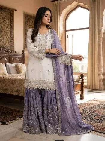 DESIGNER CHINON SILK EMBROIDERY AND SEQUENCE WITH STONE HAND WORK TOP SHARARA WITH DUPATTA LAVENDER