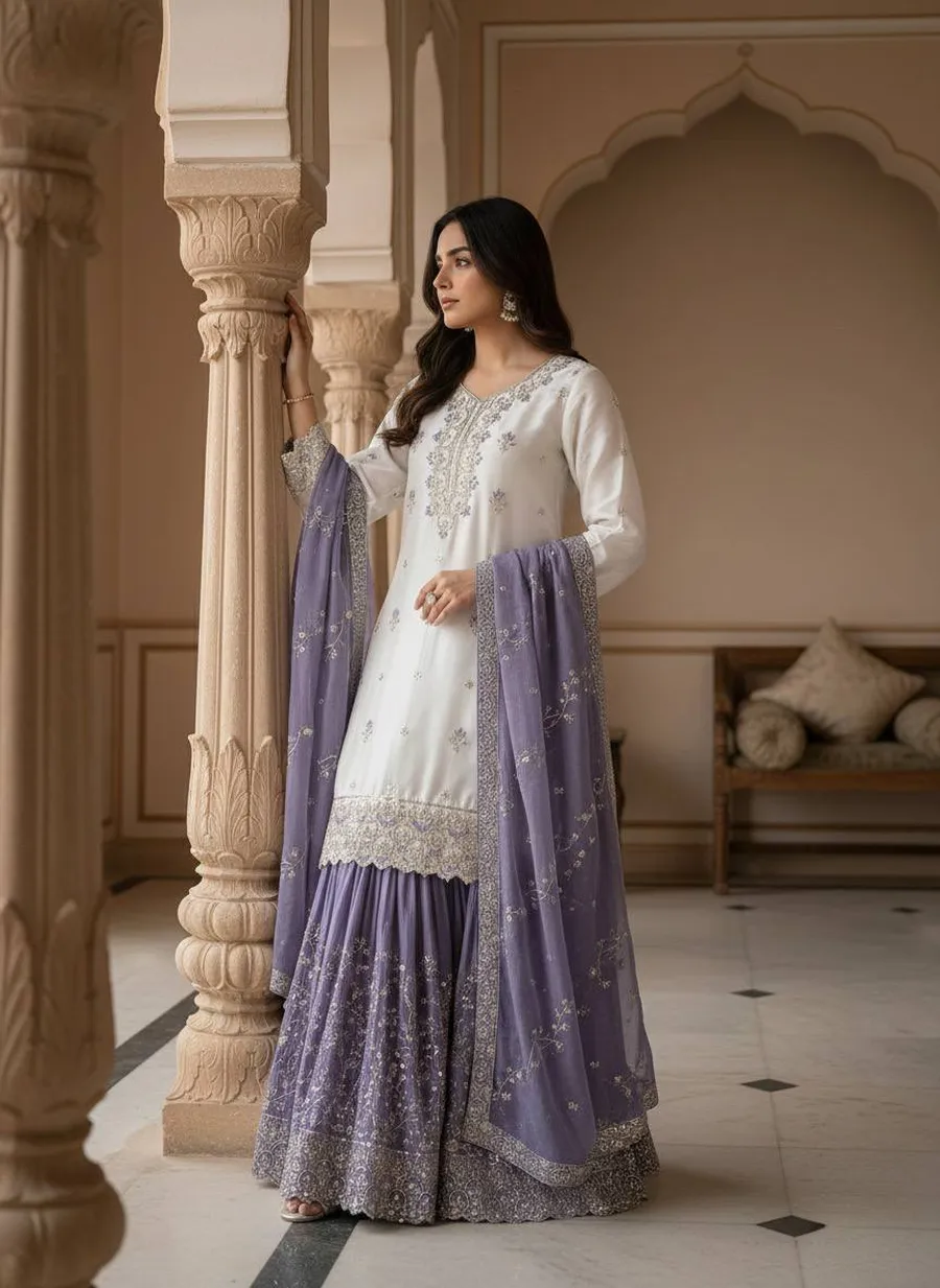 DESIGNER CHINON SILK EMBROIDERY AND SEQUENCE WITH STONE HAND WORK TOP SHARARA WITH DUPATTA FESTIVE WEAR WHOLESALE PRICE ETHNIC GARMENT (3)