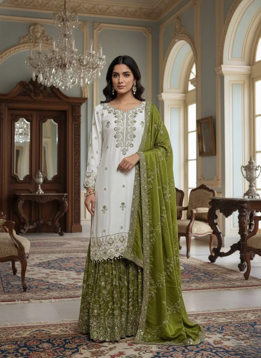 DESIGNER CHINON SILK EMBROIDERY AND SEQUENCE WITH STONE HAND WORK TOP SHARARA WITH DUPATTA FESTIVE WEAR WHOLESALE PRICE ETHNIC GARMENT (5)