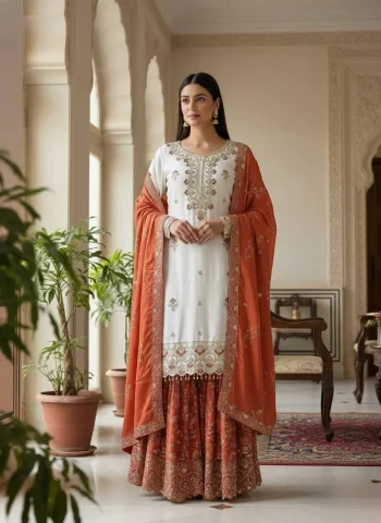 DESIGNER CHINON SILK EMBROIDERY AND SEQUENCE WITH STONE HAND WORK TOP SHARARA WITH DUPATTA ORANGE