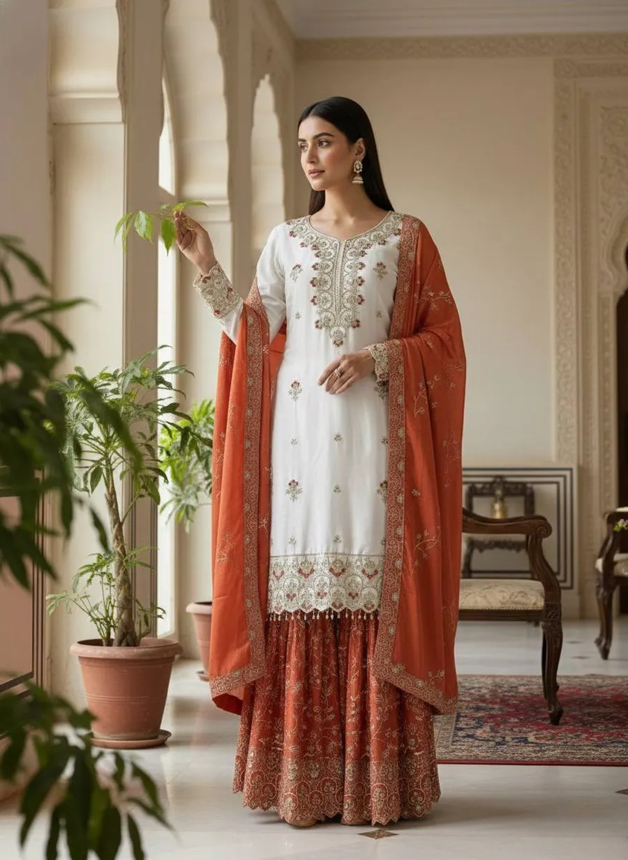 DESIGNER CHINON SILK EMBROIDERY AND SEQUENCE WITH STONE HAND WORK TOP SHARARA WITH DUPATTA FESTIVE WEAR WHOLESALE PRICE ETHNIC GARMENT (7)