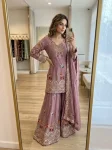 DESIGNER CHINON SILK EMBROIDERY MULTI NEEDLE 5 MM SEQUENCE WORK TOP PALAZZO WITH DUPATTA PINK