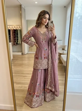 DESIGNER CHINON SILK EMBROIDERY MULTI NEEDLE 5 MM SEQUENCE WORK TOP PALAZZO WITH DUPATTA PINK