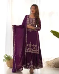 DESIGNER CHINON SILK EMBROIDERY SEQUENCE AND JARI WORK TOP SHARARA WITH DUPATTA PURPLE