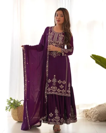 DESIGNER CHINON SILK EMBROIDERY SEQUENCE AND JARI WORK TOP SHARARA WITH DUPATTA PURPLE