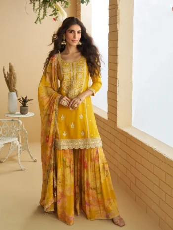 DESIGNER CHINON SILK EMBROIDERY SEQUENCE WORK TOP PALAZZO WITH DUPATTA YELLOW
