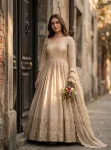 DESIGNER CHINON SILK EMBROIDERY  SEQUENCE WORK WITH REAL MIRROR HAND WORK  GOWN BOTTOM WITH DUPATTA OFF WHITE