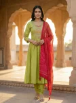 DESIGNER CHINON SILK EMBROIDERY WORK TOP BOTTOM WITH DUPATTA PISTA