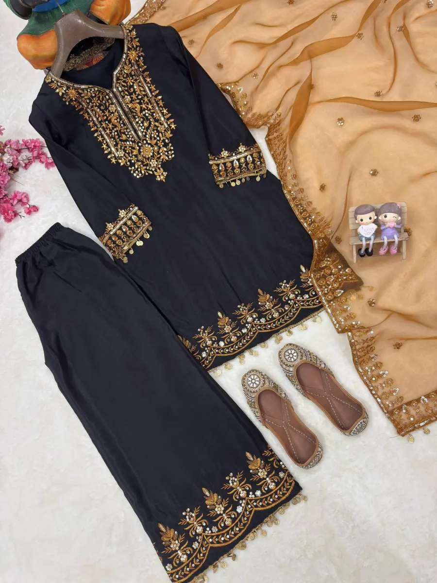 DESIGNER CHINON SILK SEQUENCE & ZARI EMBROIDERY WORK HANDMADE COIN LACE BORDER WORK TOP PALAZZO WITH DUPATTA FESTIVE WEAR WHOLESALE PRICE ETHNIC GARMENT (1)