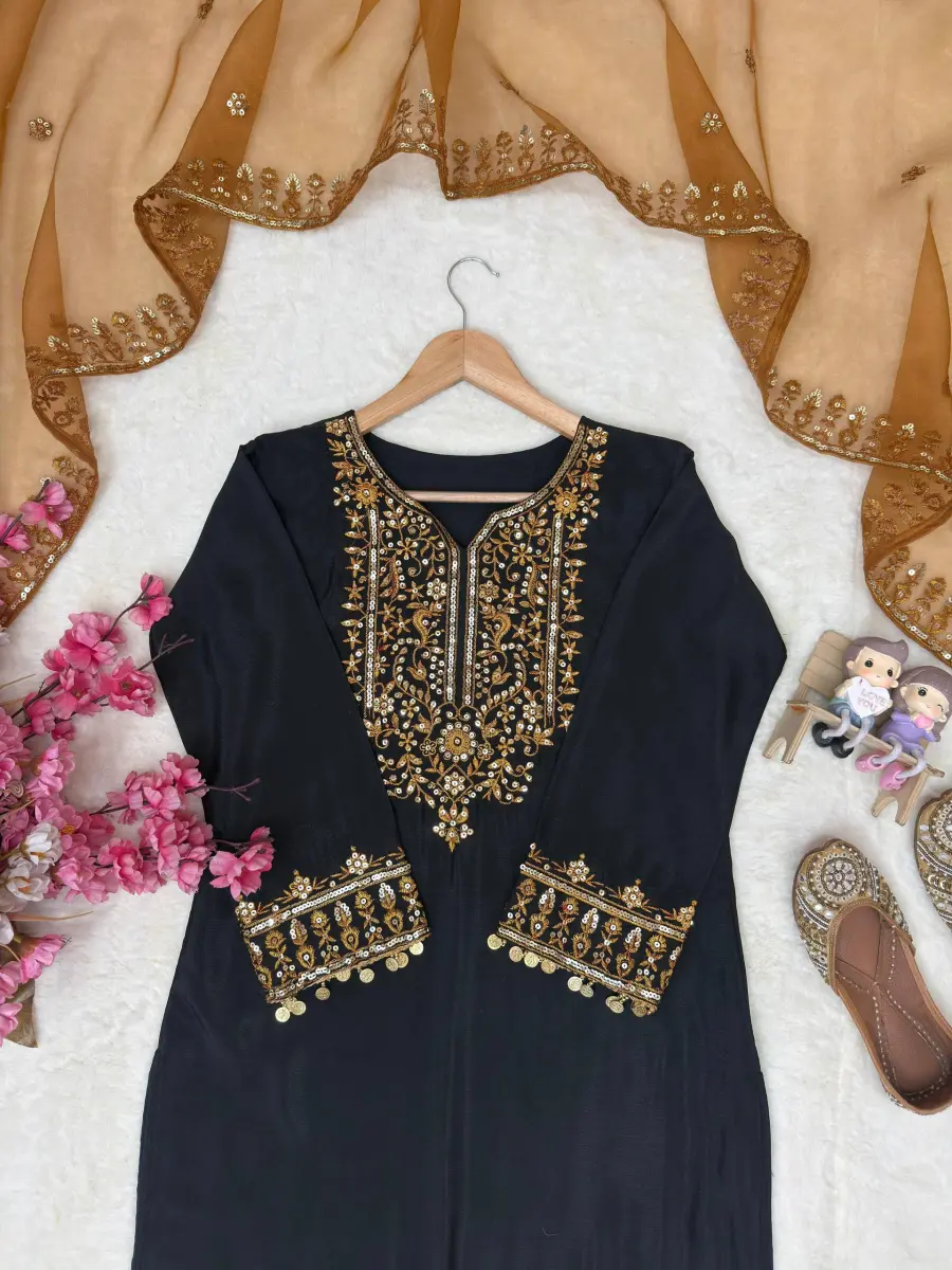 DESIGNER CHINON SILK SEQUENCE & ZARI EMBROIDERY WORK HANDMADE COIN LACE BORDER WORK TOP PALAZZO WITH DUPATTA FESTIVE WEAR WHOLESALE PRICE ETHNIC GARMENT (10)