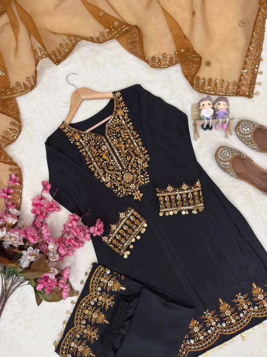 DESIGNER CHINON SILK SEQUENCE & ZARI EMBROIDERY WORK HANDMADE COIN LACE BORDER WORK TOP PALAZZO WITH DUPATTA FESTIVE WEAR WHOLESALE PRICE ETHNIC GARMENT (11)