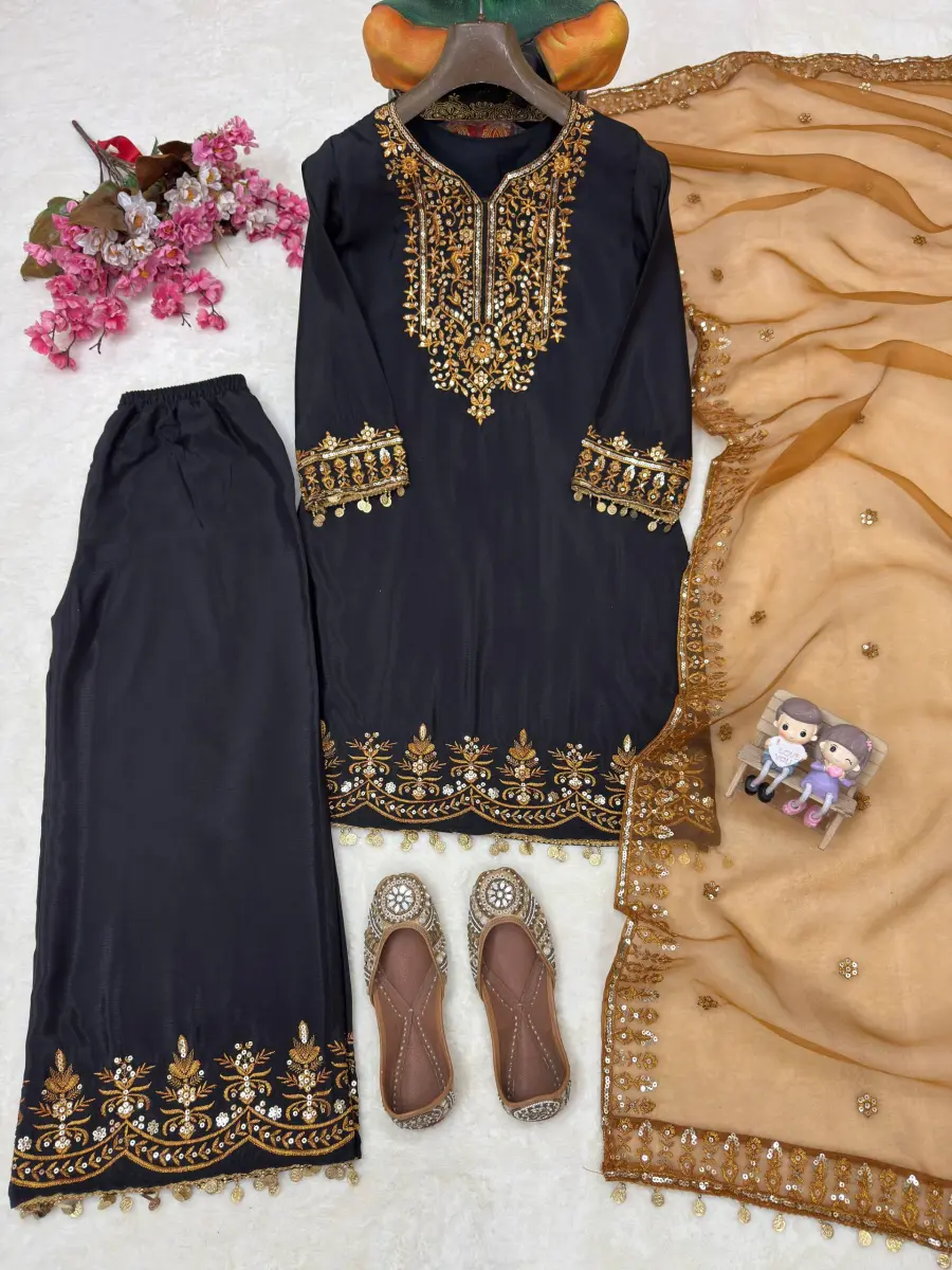 DESIGNER CHINON SILK SEQUENCE & ZARI EMBROIDERY WORK HANDMADE COIN LACE BORDER WORK TOP PALAZZO WITH DUPATTA FESTIVE WEAR WHOLESALE PRICE ETHNIC GARMENT (12)