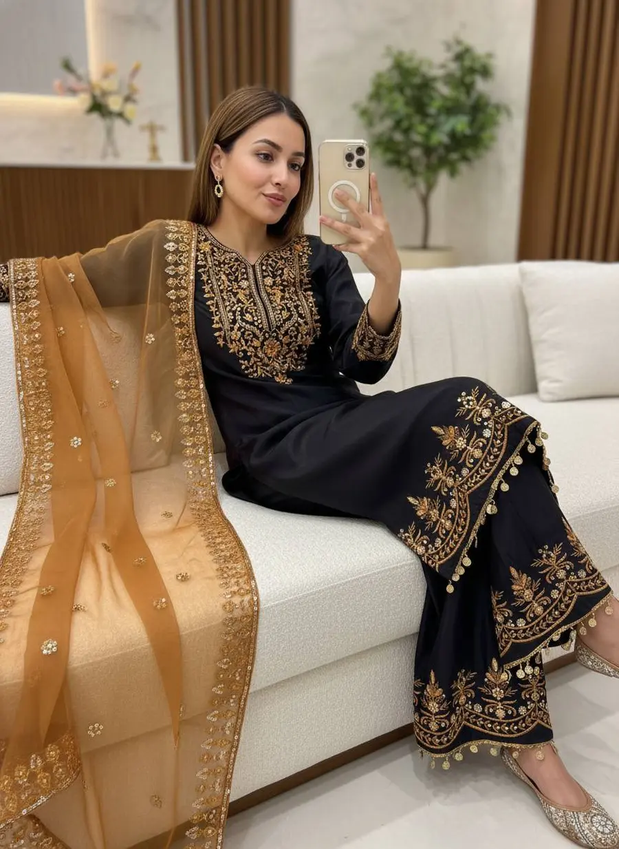 DESIGNER CHINON SILK SEQUENCE & ZARI EMBROIDERY WORK HANDMADE COIN LACE BORDER WORK TOP PALAZZO WITH DUPATTA FESTIVE WEAR WHOLESALE PRICE ETHNIC GARMENT (3)