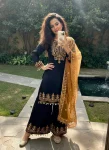 DESIGNER CHINON SILK SEQUENCE & ZARI EMBROIDERY WORK HANDMADE COIN LACE BORDER WORK TOP PALAZZO WITH DUPATTA BLACK AND CHIKU
