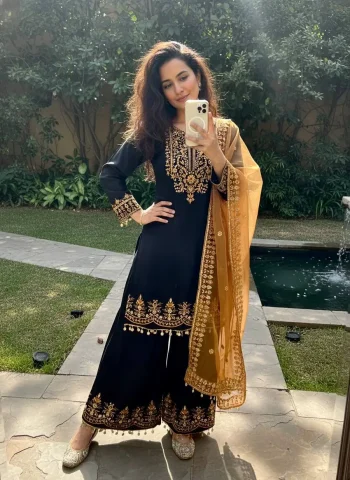 DESIGNER CHINON SILK SEQUENCE & ZARI EMBROIDERY WORK HANDMADE COIN LACE BORDER WORK TOP PALAZZO WITH DUPATTA BLACK AND CHIKU