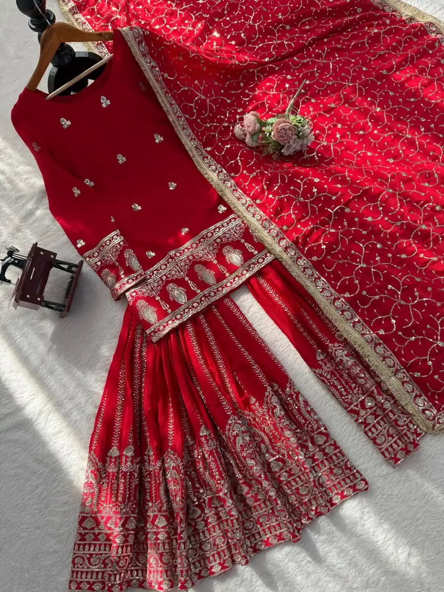 DESIGNER CHINON SILK THREAD WITH SEQUENCE WORK TOP SHARARA WITH DUPATTA FESTIVE WEAR WHOLESALE PRICE ETHNIC GARMENT (14)