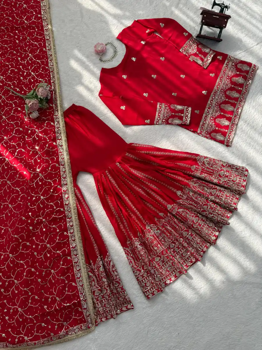 DESIGNER CHINON SILK THREAD WITH SEQUENCE WORK TOP SHARARA WITH DUPATTA FESTIVE WEAR WHOLESALE PRICE ETHNIC GARMENT (15)