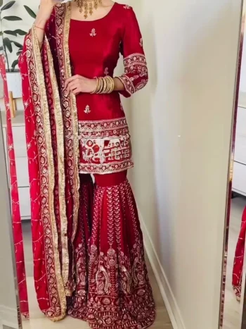 DESIGNER CHINON SILK THREAD WITH SEQUENCE WORK TOP SHARARA WITH DUPATTA RED