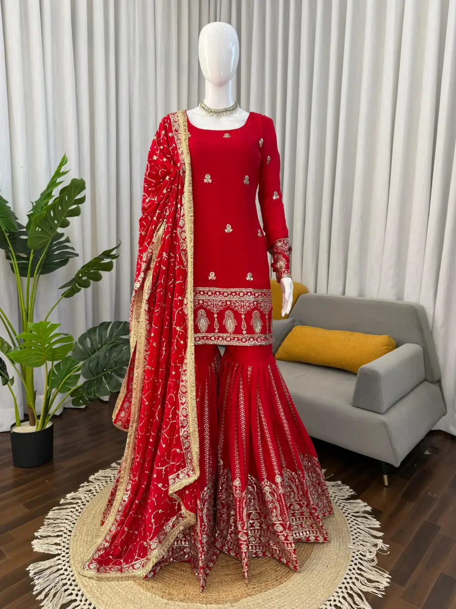 DESIGNER CHINON SILK THREAD WITH SEQUENCE WORK TOP SHARARA WITH DUPATTA FESTIVE WEAR WHOLESALE PRICE ETHNIC GARMENT (7)