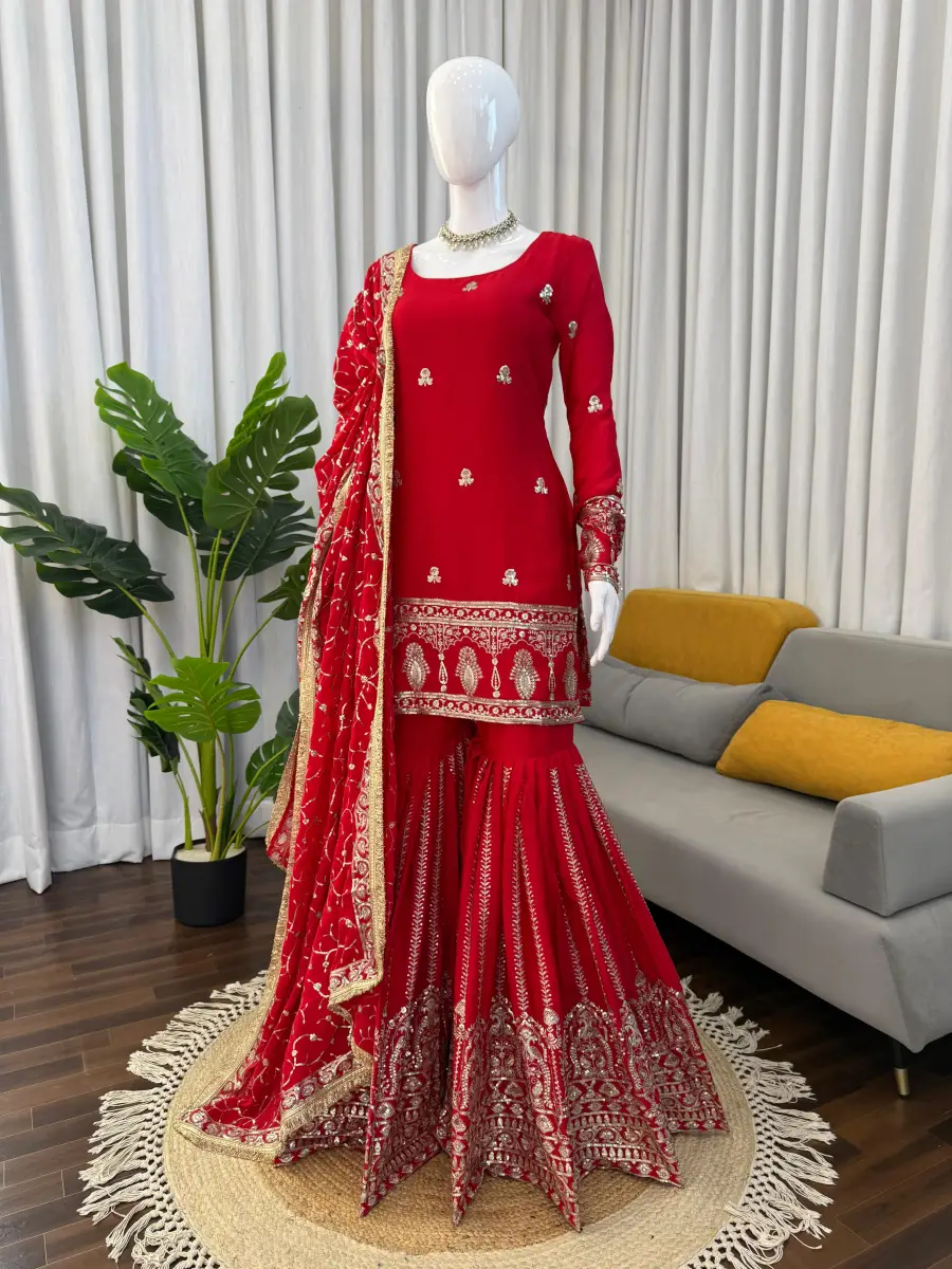 DESIGNER CHINON SILK THREAD WITH SEQUENCE WORK TOP SHARARA WITH DUPATTA FESTIVE WEAR WHOLESALE PRICE ETHNIC GARMENT (8)
