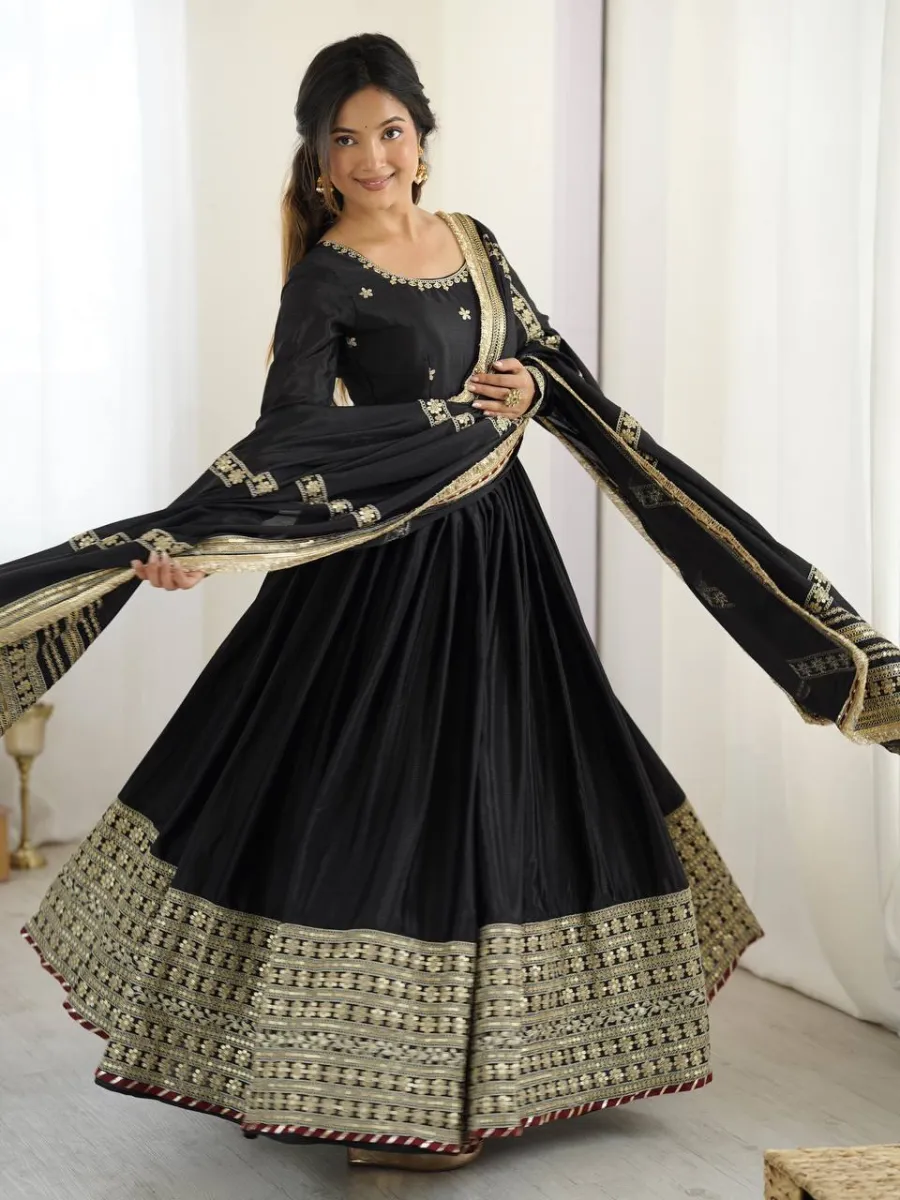 DESIGNER CHINON THREAD WITH SEQUENCE LACE BORDER WORK GOWN BOTTOM WITH DUPATTA WEDDING WEAR WHOLESALE PRICE ETHNIC GARMENT (3)